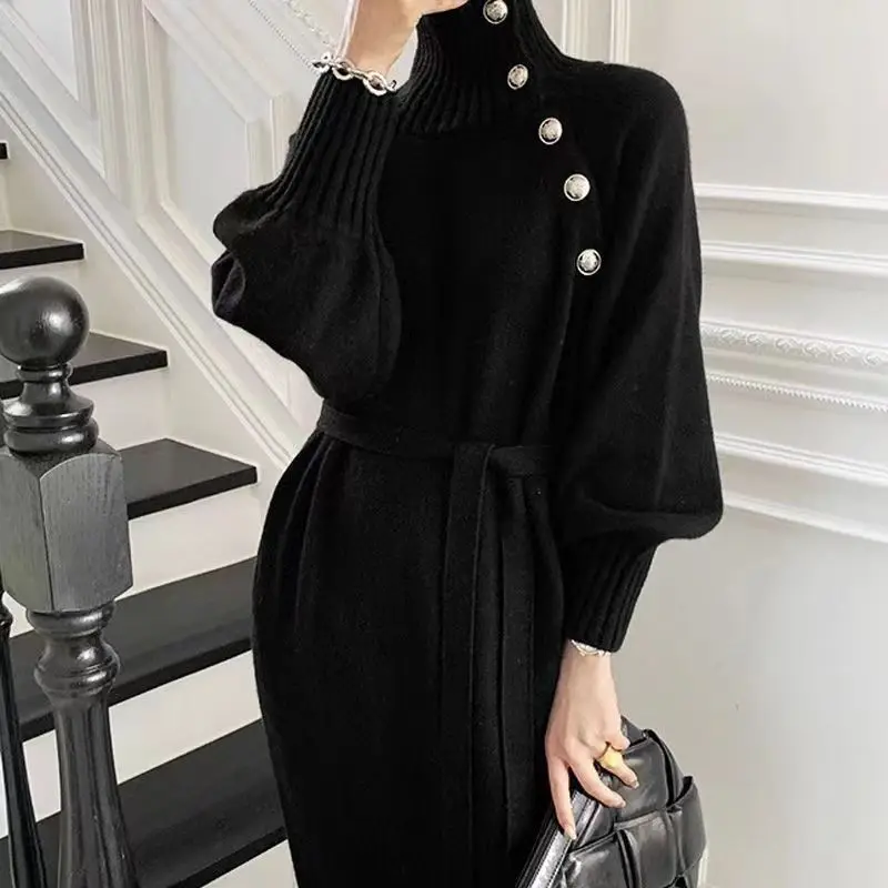 Autumn and winter pullover new style French temperament paired sweater inside long over the knee bottom knit dress women