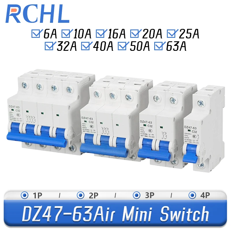 

Автоматический выключатель RCHL DZ47-63 6A 10A 16A 20A 25A 32A 40A 50A 63A 1P/2P/3P/4P миниатюрный автоматический выключатель с креплением на DIN-рейку