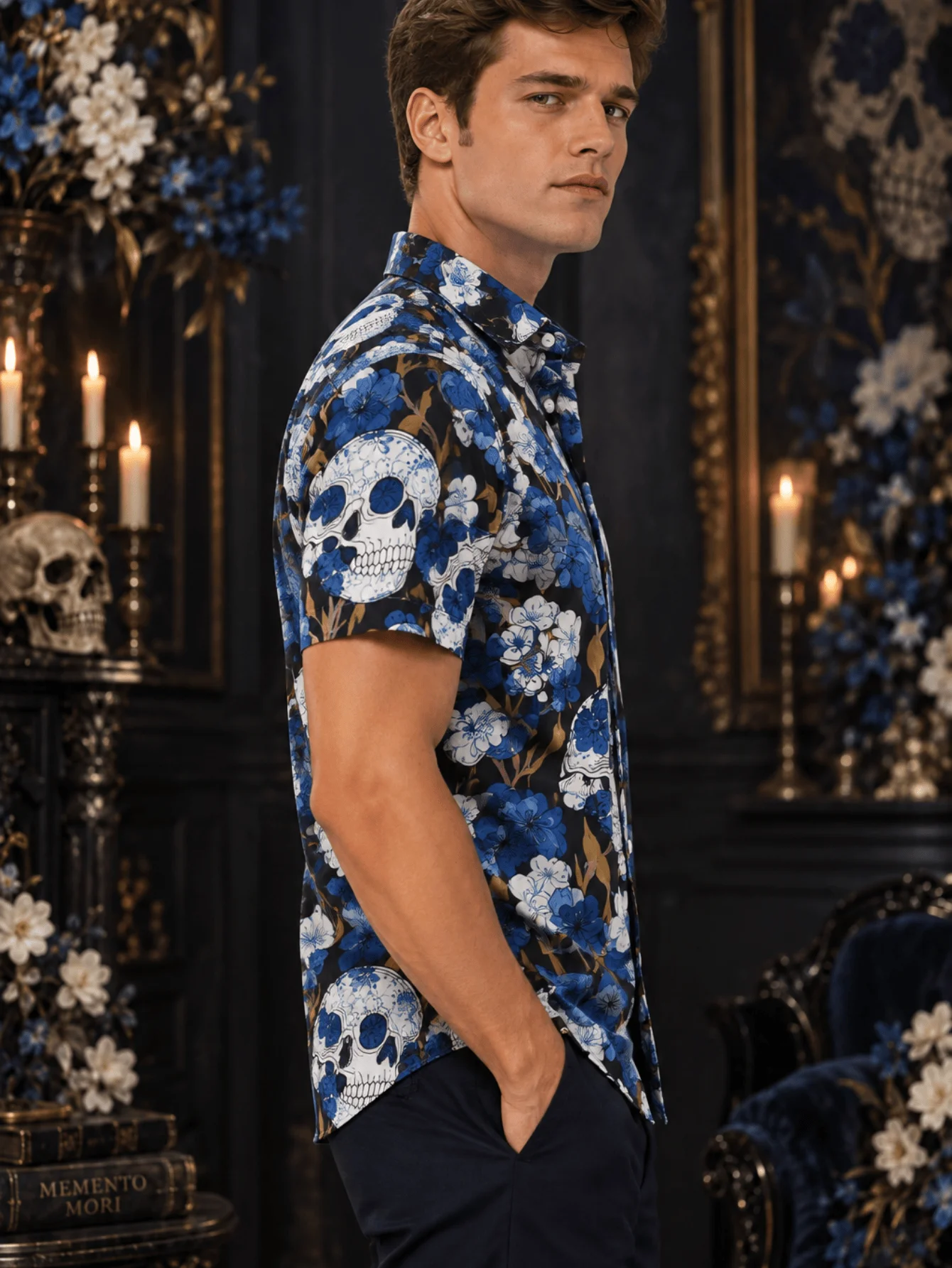 Mens short sleeve shirt creative skull flower random print retro artistic comfy breathable travel party outdoor daily wear