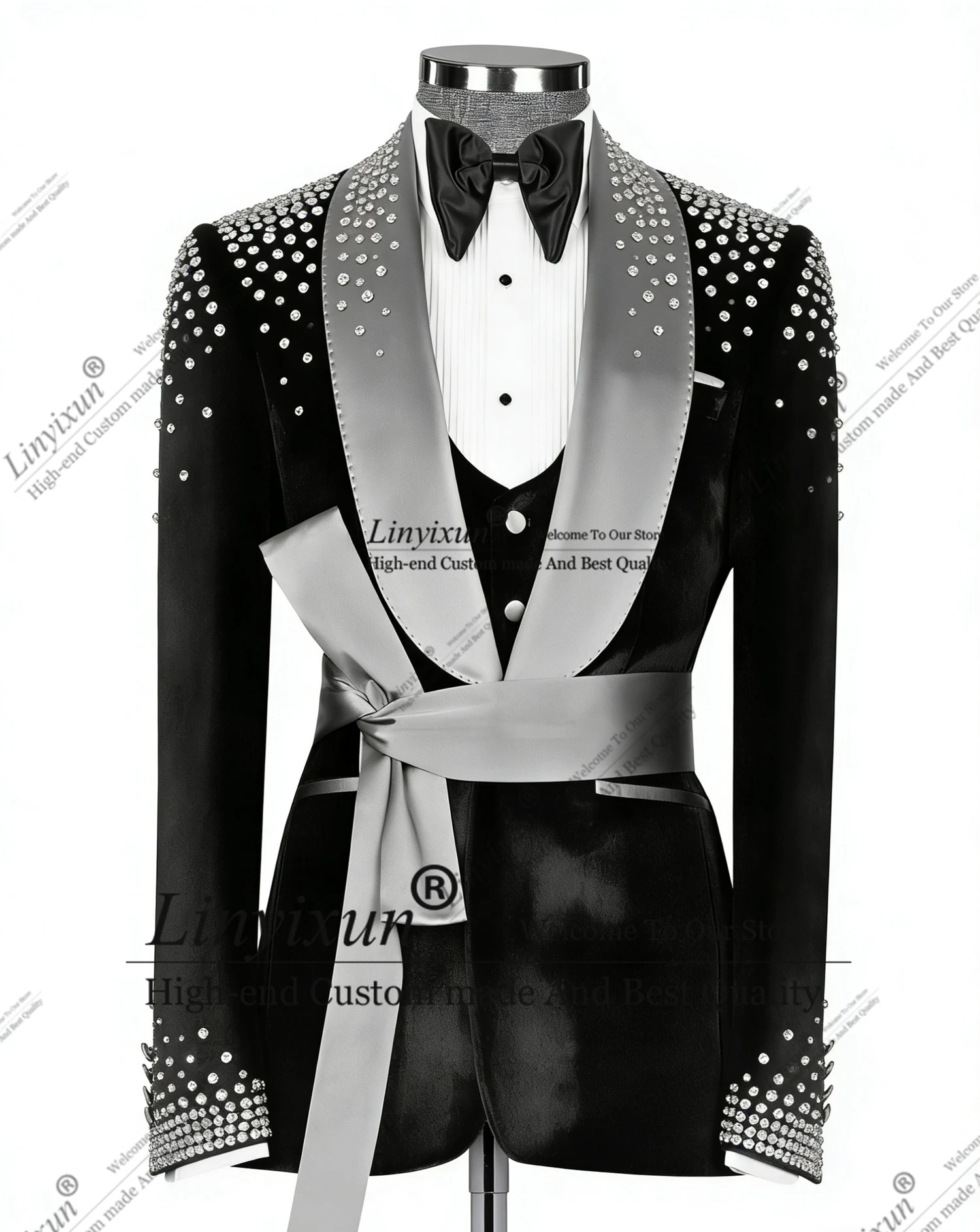 

Elegance Diamond Ornament Tuxedos Men Suits 3 Pieces Sets Groom Slim Fit Male Prom Blazers Customized Wedding trajes para hombre