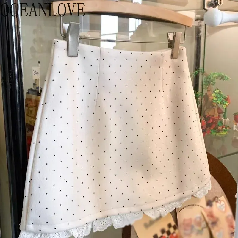  OCEANLOVE Lace Ruffles Mini Skirt Spring Summer Sweet Polka Dot A-line Jupe Femme Korean Fashion Retro Elegant Women Skirts 