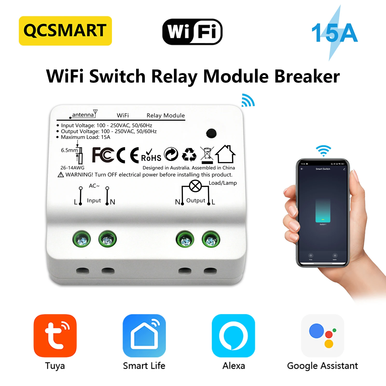 QCSMART Wireless Switch 15A Relay Socket Module Tuya Smart Life App Remote Control Timer Work with Home Assistant Alexa