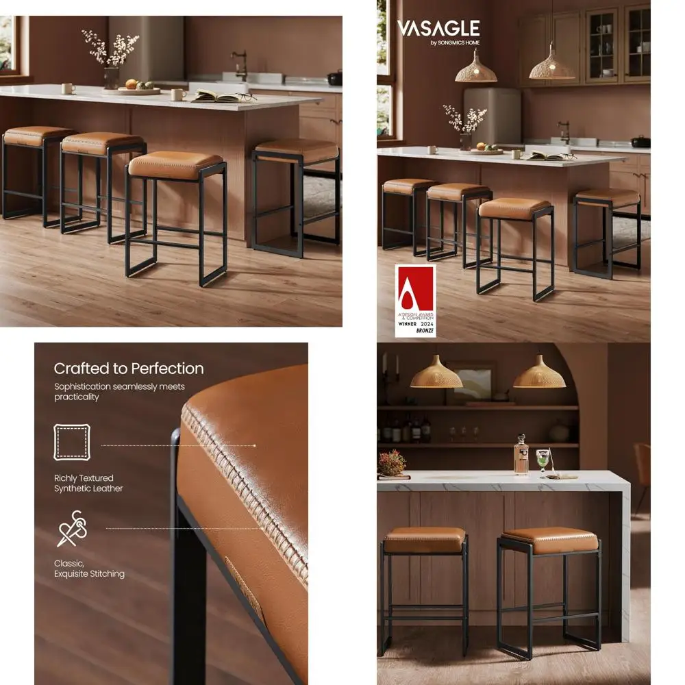 Ensemble de 4 tabourets de bar modernes au milieu du siècle, en cuir synthétique avec coutures