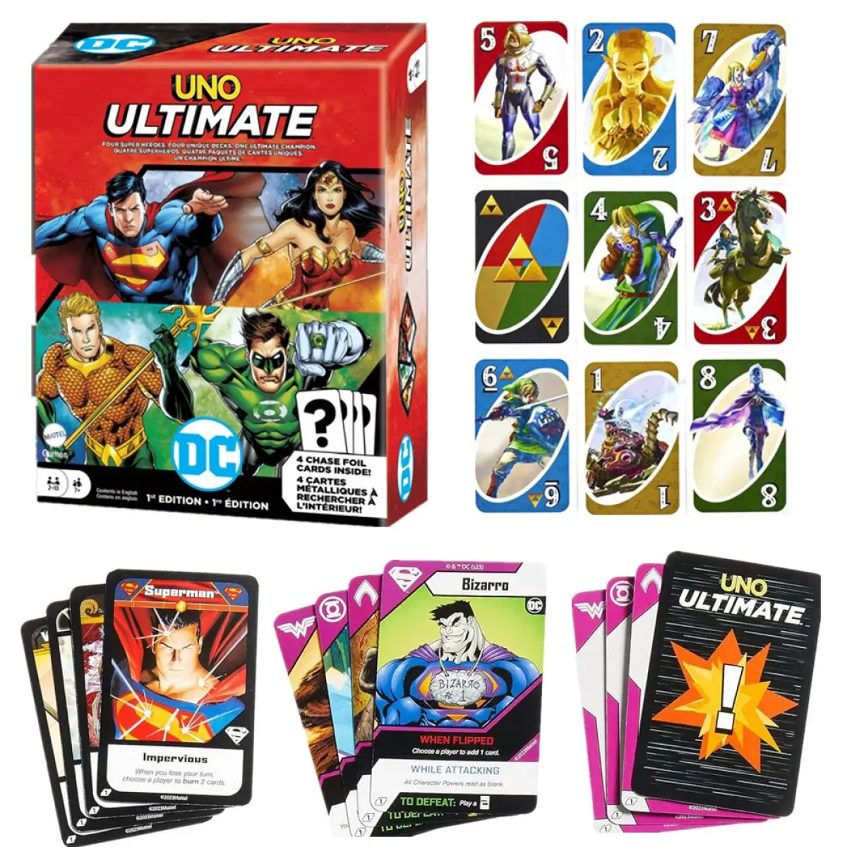 Mattel Games UNO Ultimate DC Card Game for Kids Adults with 4 Character Decks 4 Collectible Foil Cards Toy