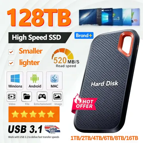Huge Capacity Portable SSD 128TB High Speed External Hard Drive 1TB Hard Disk 2TB 4TB USB 3.1 Storage Device for Laptop/PC/Phone