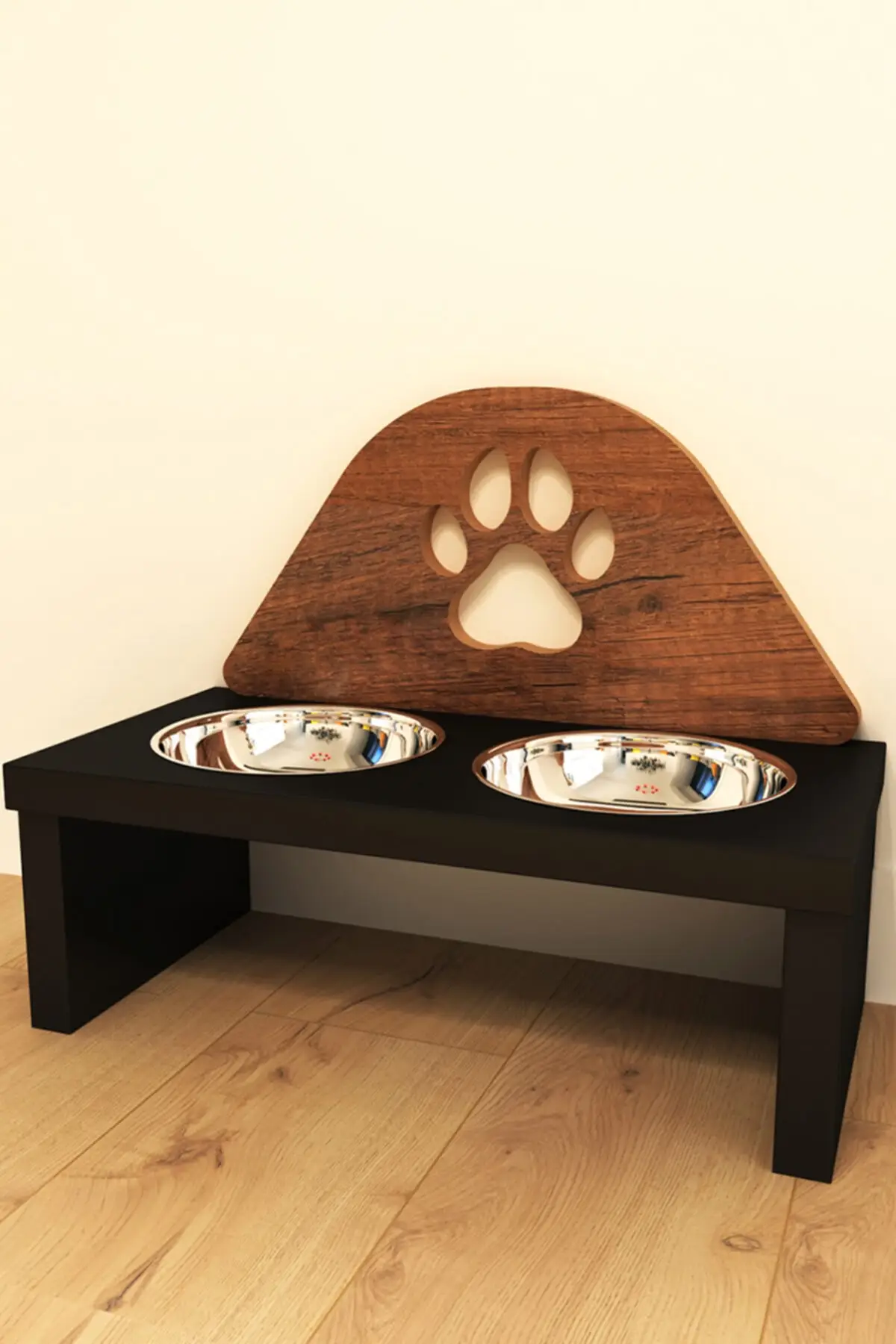 Black Steel Kaseli Wood Paw Pattern Mama In Pairs and Water Container