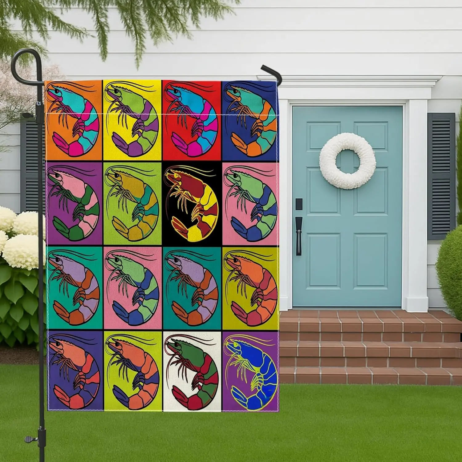 Novelty Shrimps Garden Flags 12x18 Inch Double Sided for Outside, Vintage Colorful Coastal Aesthetic Front Yard Small Canvas AAS