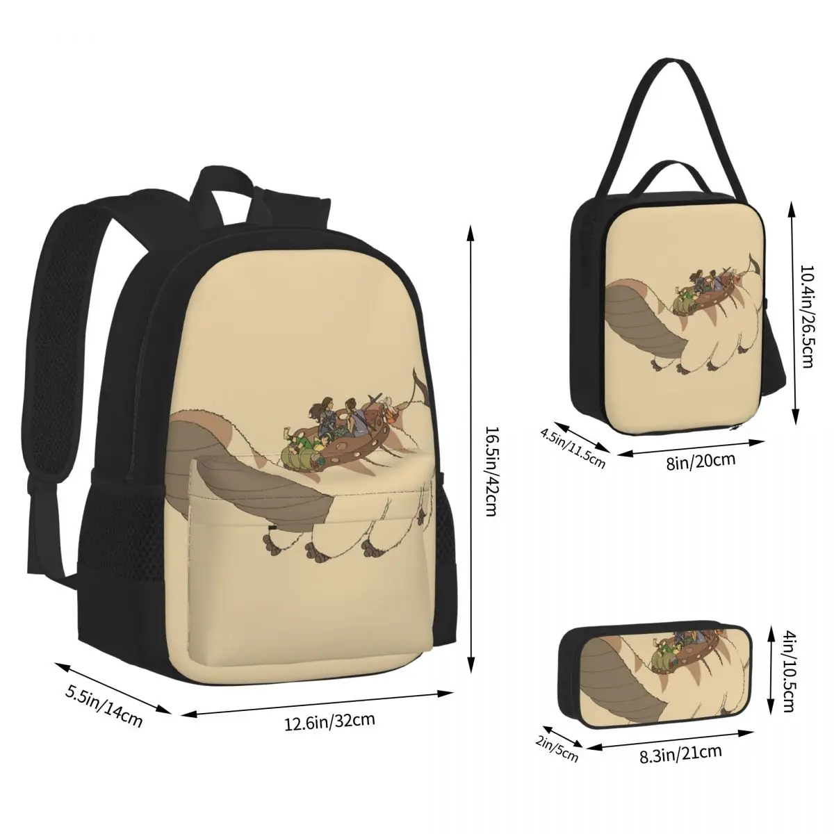 Appa Avatar The Last Airbender Backpacks Boys Girls Bookbag School Bags Cartoon Kids Rucksack Lunch Bag Pen Bag Three-Piece Set