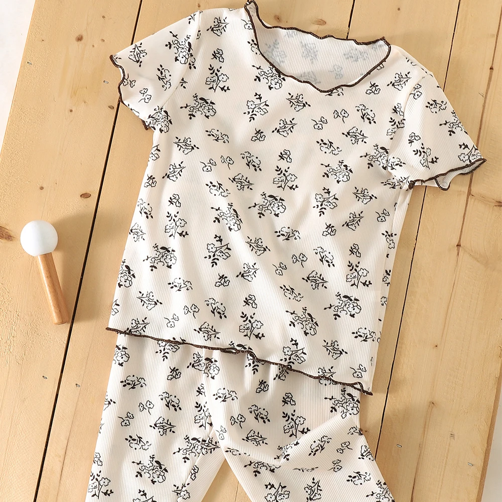 

Girls' new summer retro floral home suit set, children's home short sleeved lace pajamas two-piece set