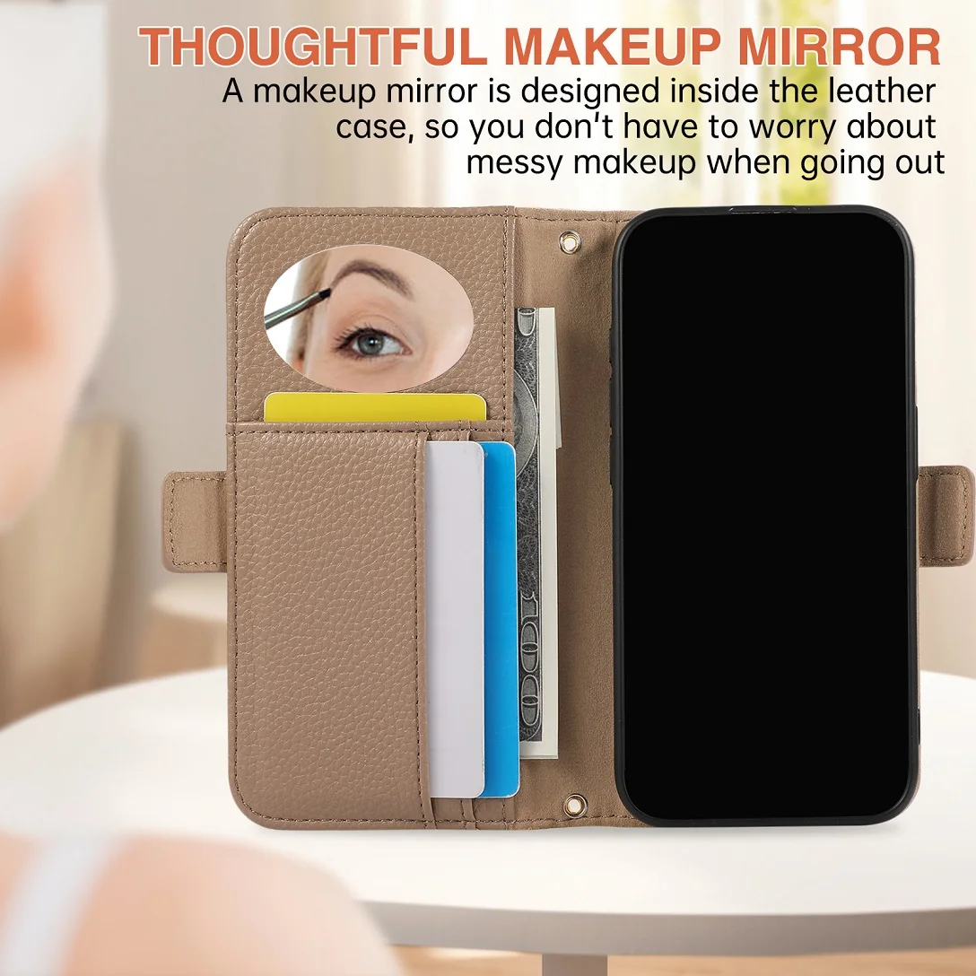 Luxury Shoulder Zipper Purse Bag Leather Card Wallet Case For iPhone 12 13 14 15 16 17 Pro Max Plus Mirror Makeup Phone Cover - náhled 5