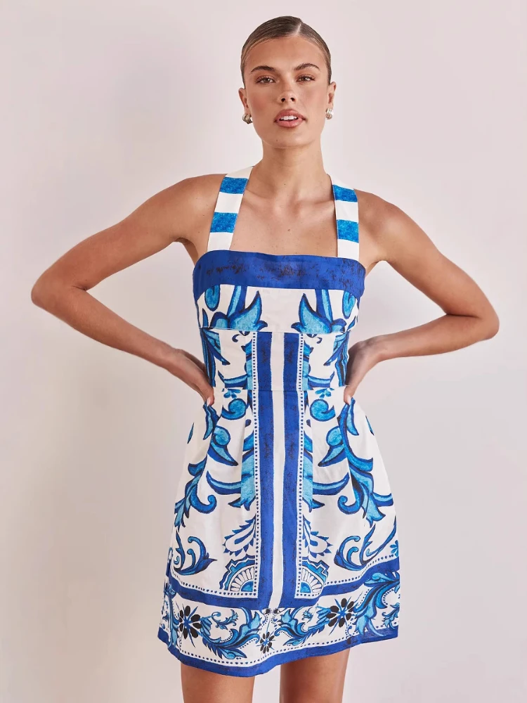 2025 sommer Mode Neue frauen Elegante Neue Gedruckt Böhmischen Kleid Kurze Urlaub Strap Hot Girl Sexy Farbe Blockiert Kleid