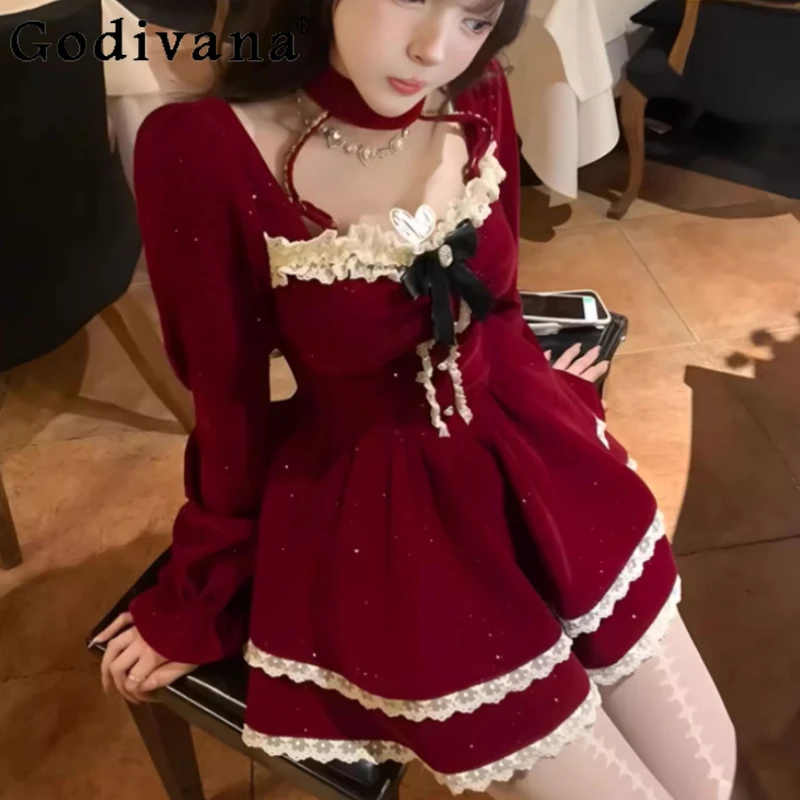 

Women Autumn Winter Red Square Neck Lace Long-sleeved Princess Dress High Waist A-line Versatile Age-reducing Knitted Dresses