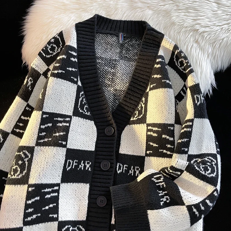 

V NeckCasual Knit Jacket Cardigan Men Women Shirt Warm Coat Tops Autumn Winter Open Front Button Plaid Soft Long Sleeve Sweater