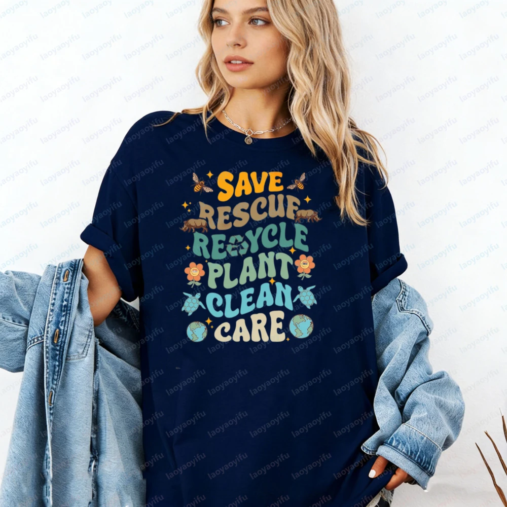 Earth Day Shirts Save Rescue Recycle Plant Clean Care Environmental Awareness T-Shirt Earth Day Gift Earth Lover Shirt Cotton