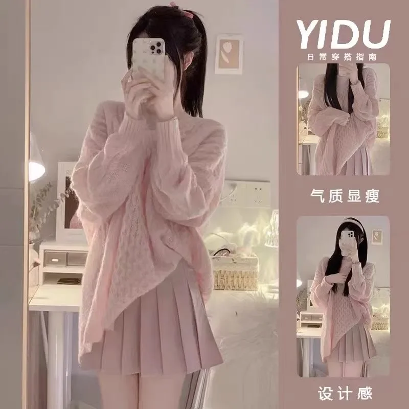 

Шикарный женский вязаный свитер, комплект мини-юбки, модный весенне-осенний свободный пуловер с длинными рукавами, топ, комплекты из двух предметов, наряды