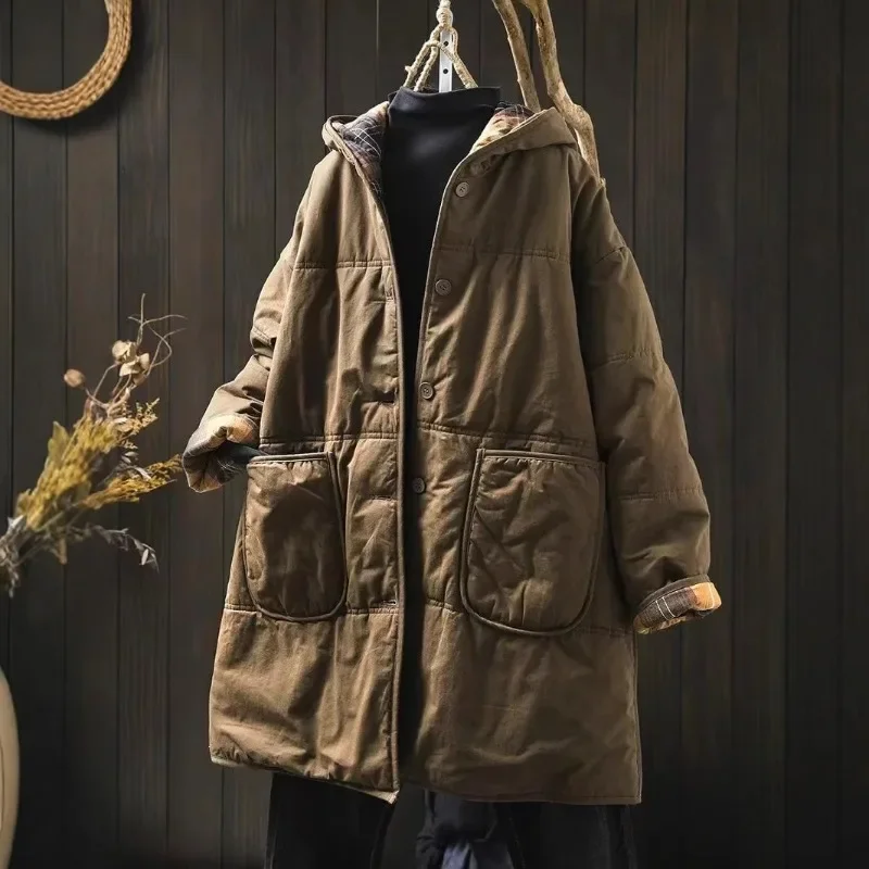 

Женские винтажные парки с капюшоном на пуговицах, однотонные пальто, новинка зимы 2025 года, свободные утолщенные теплые парки с длинными рукавами и карманами