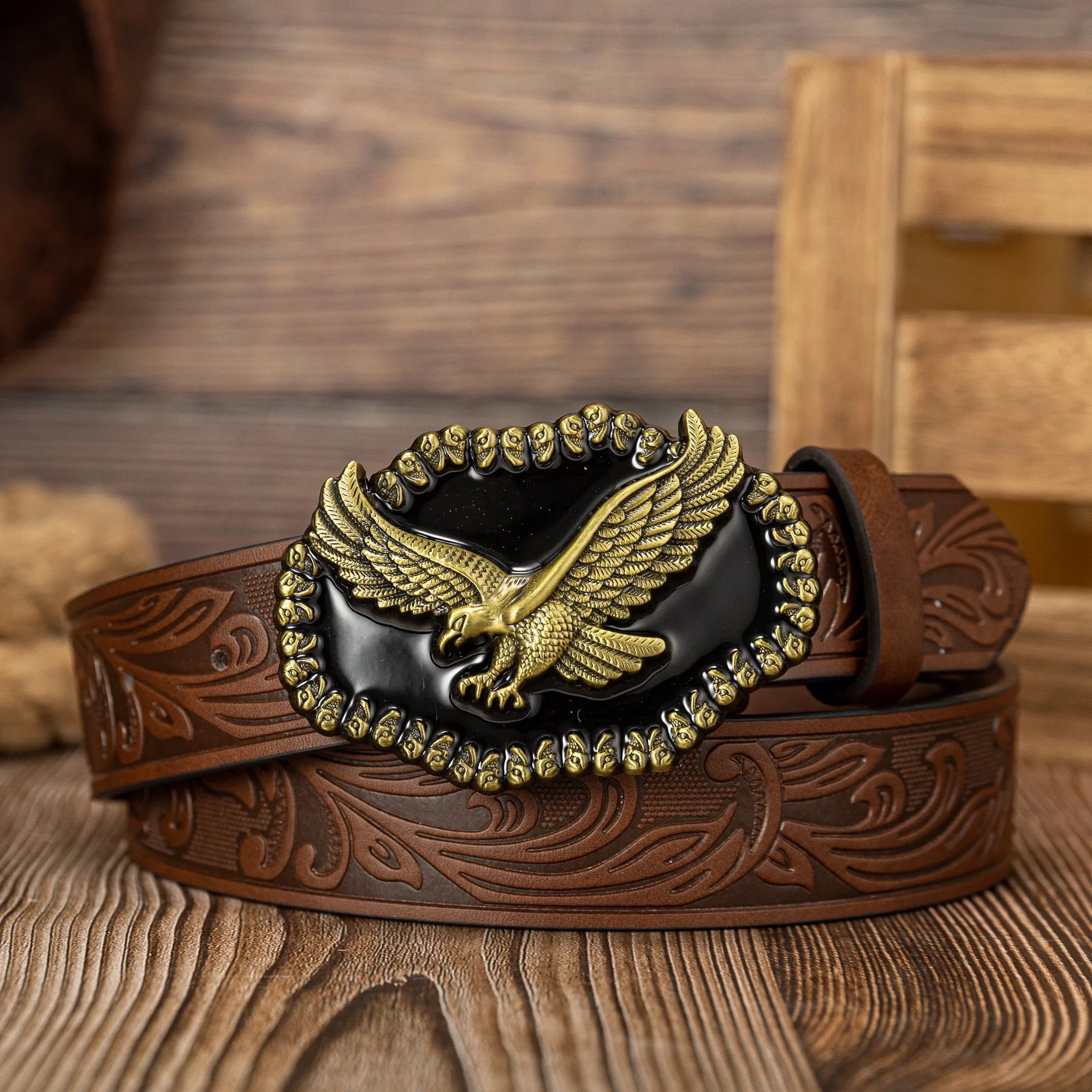 النسر القديم النسر الأسود شخصية لوحة كبيرة مشبك الاتجاه كل شيء نمط ذيل النسر بو النقش للقيام بحزام الزر القديم #5