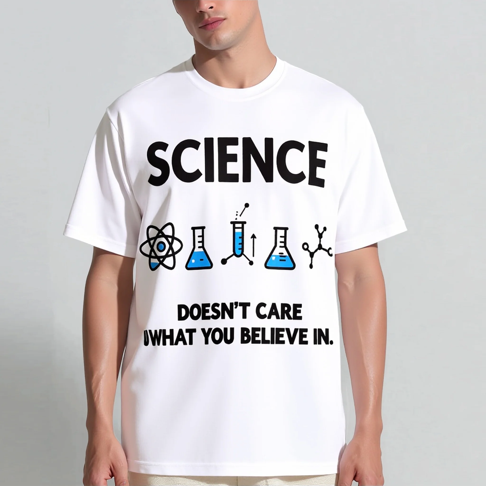 

Teevo White T-Shirt with Science Symbols and Text Science Doesn't Care What You Believe In for Casual Wear