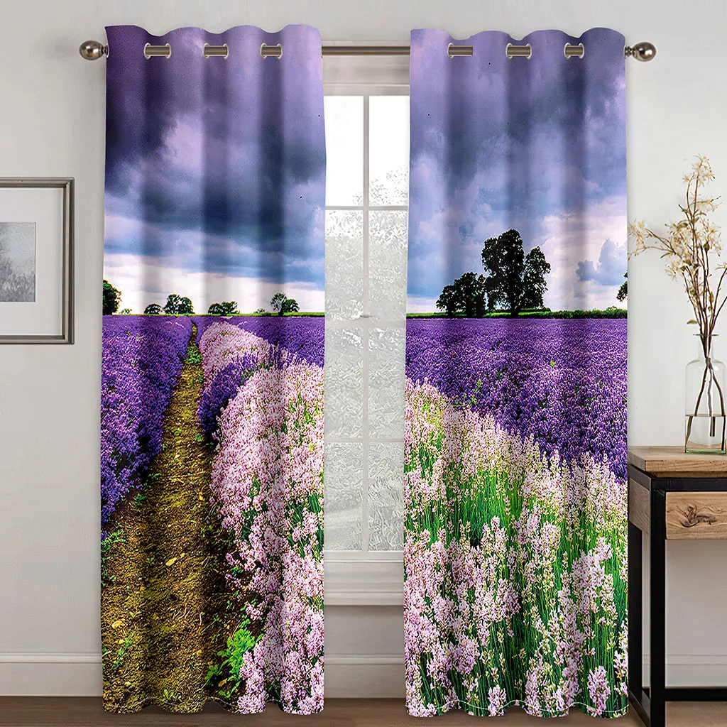 Lavender prairie hot air balloon sunset curtain dusk, a set of two sets, home bedroom living room shade curtain