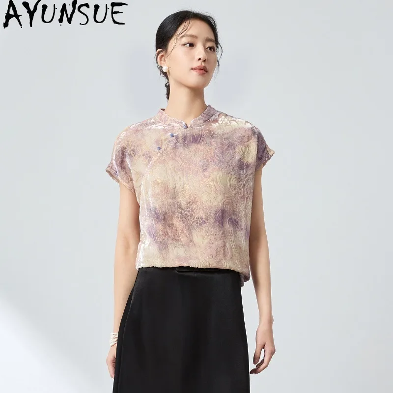 

AYUNSUE 65.6% Silk Women's Blouses and Shirts Chinese Style Stand Collar Tops for Woman Elegant Summer Top Woman Clothes Рубашка