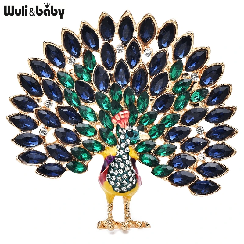 Wuli&baby Large Sparkling Peacock Brooches For Women Unisex 3-color Rhinestone Beautiful Bird Party Office Brooch Pins Gifts