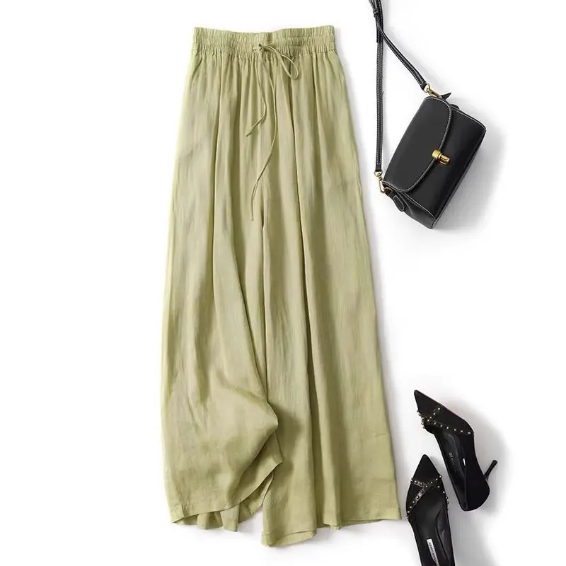 Doppellagige Baumwoll-Leinen-Hose mit weitem Bein, dünne, lockere Sommerhose, Kordelzug, elastische Taille, Palazzo-Rockhose