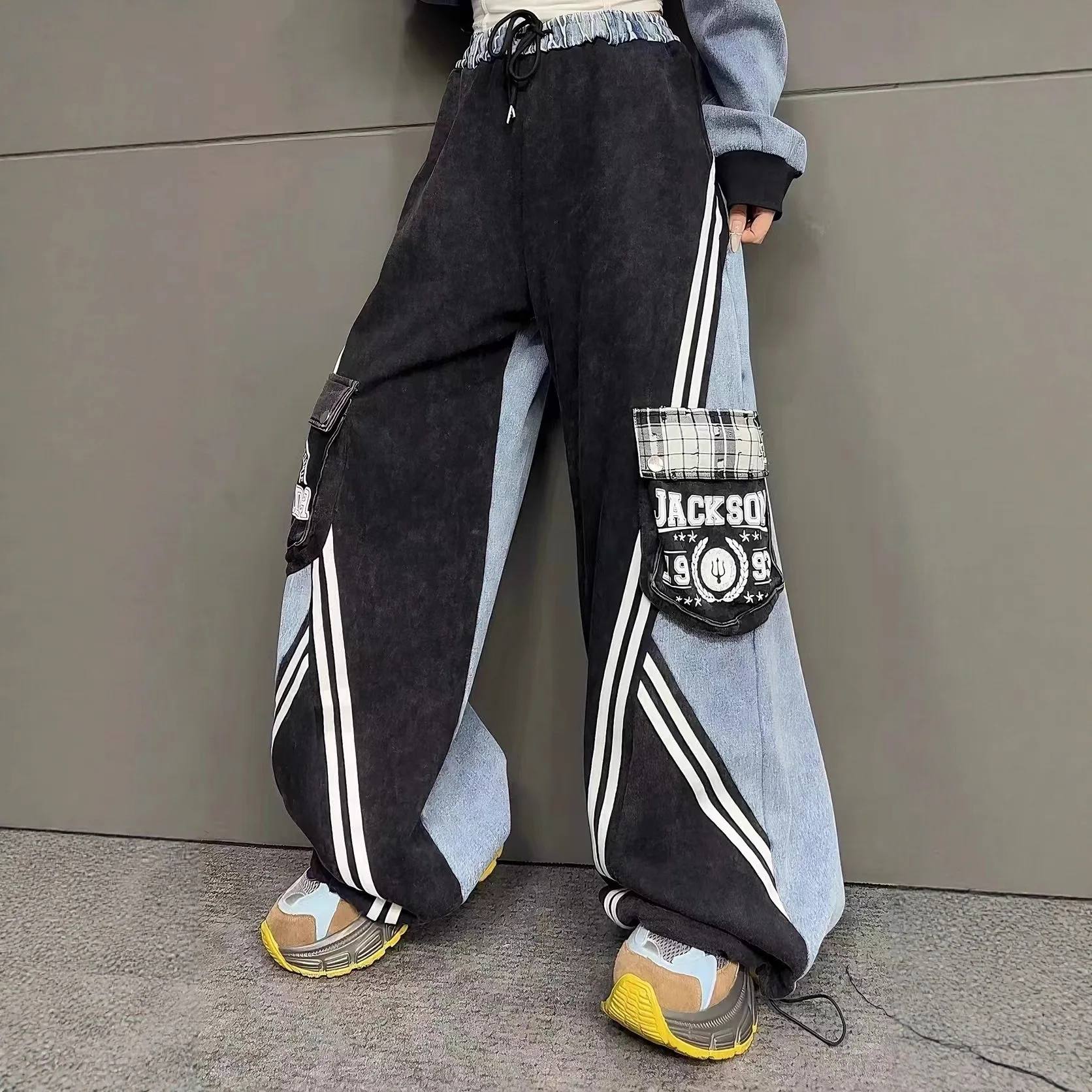 النمط الأوروبي المرأة الجينز 2025 الخريف الشتاء جديد شخصية الدنيم المرقعة غسلها القطن إلكتروني طباعة جيب السراويل الطويلة #2