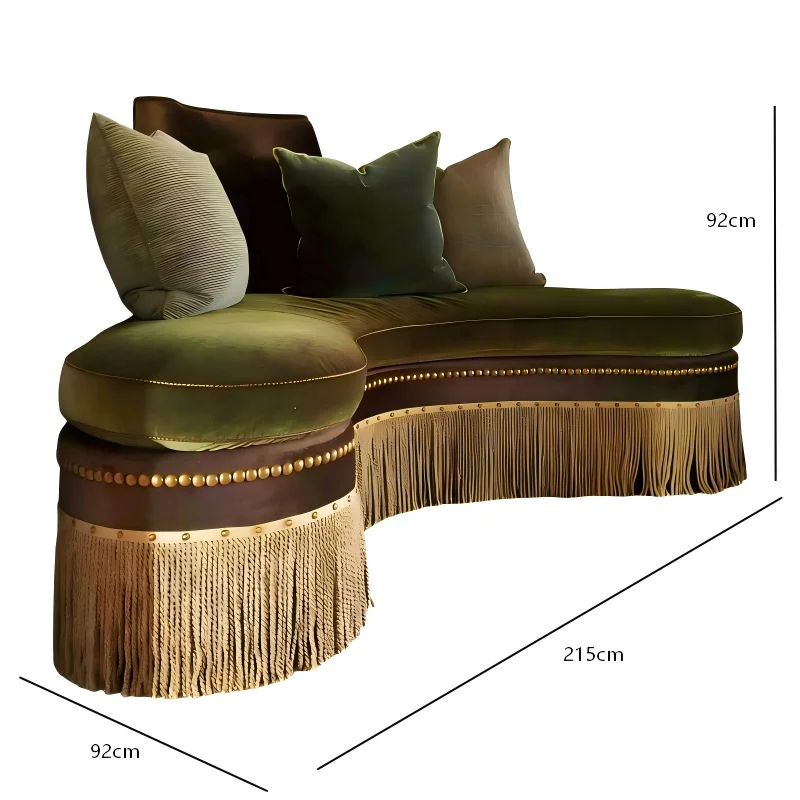 Crescent-shaped curved sofa with high back fringed velvet, suitable for villa living rooms and luxury home decoration furniture
