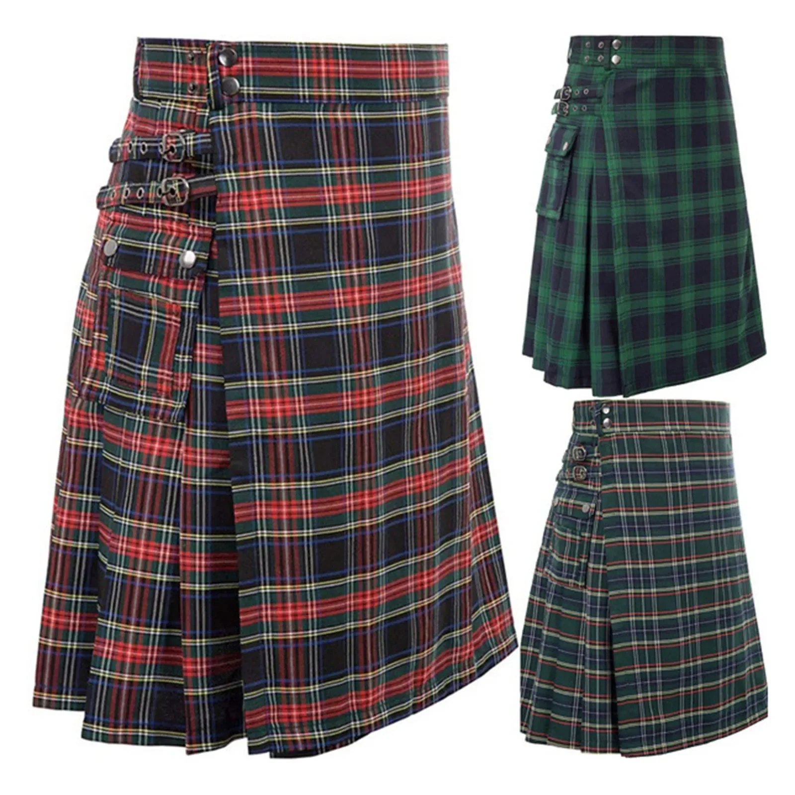 Men's Fashion Pleated Skirt Scottish Style Plaid Striped Waistband Contrast Color Pocket Kilt Sports Fillibeg Summer Philabeg