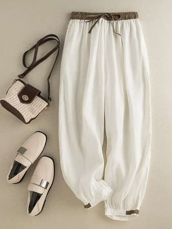 Retro High Waist Color Block Cotton Linen Belted Casual Pants Women's 2026 New Style Slimming Trousers Harlan Pants