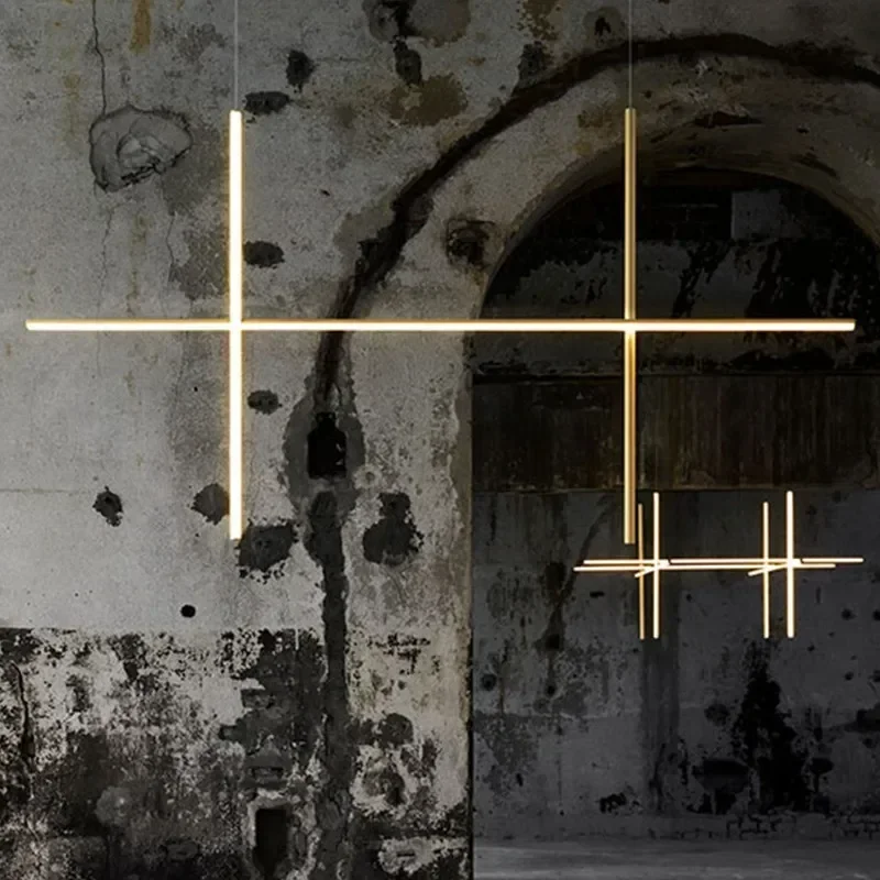 

Italy Designer Tube Gold Chandeliers Linear Led Pendant Light Suspended Hanging Lamp For Hotel Decoration Dinning Room