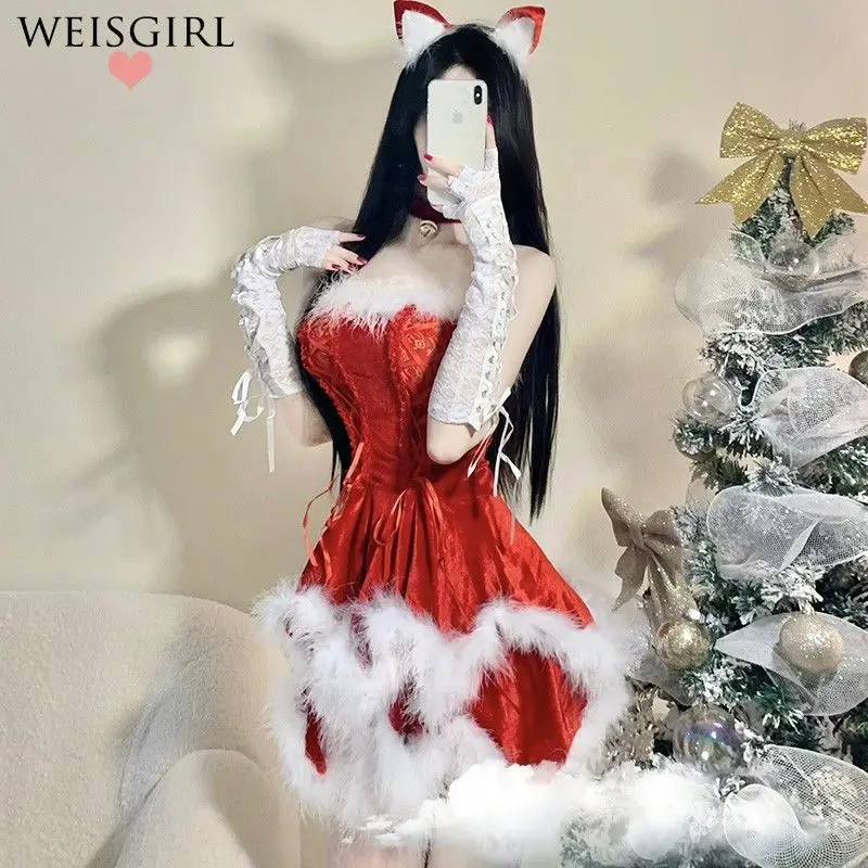 Red Christmas Suit Cosplay Costume Halloween Bunny Girl Cross Dressing Uniform Nightclub Cute Cat Maid Pure Desire Outfit Skirt