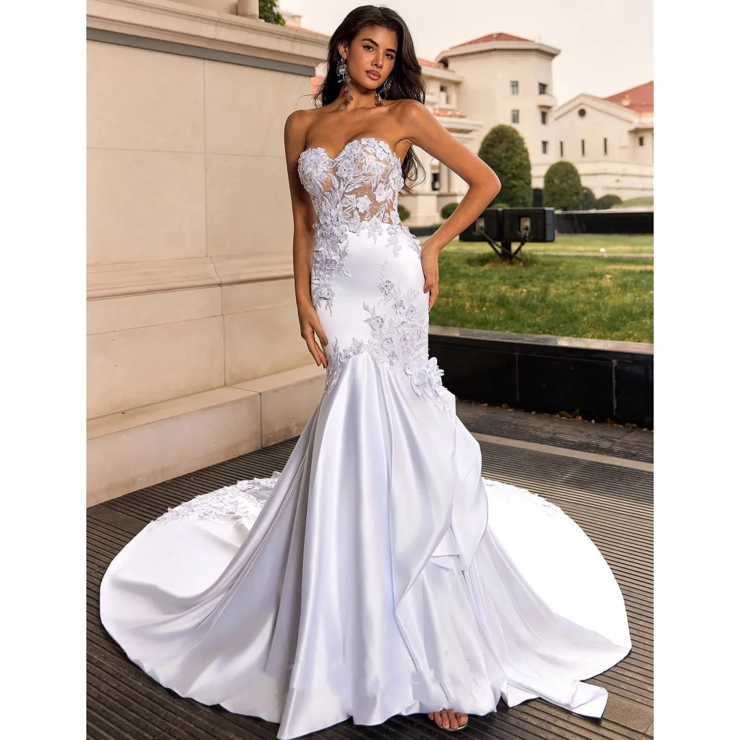 

White Mermaid Wedding Dresses Sleeveless Satin Vestido de Novia Lace Appliques Second Reception Gown Customized Robe De Soirée