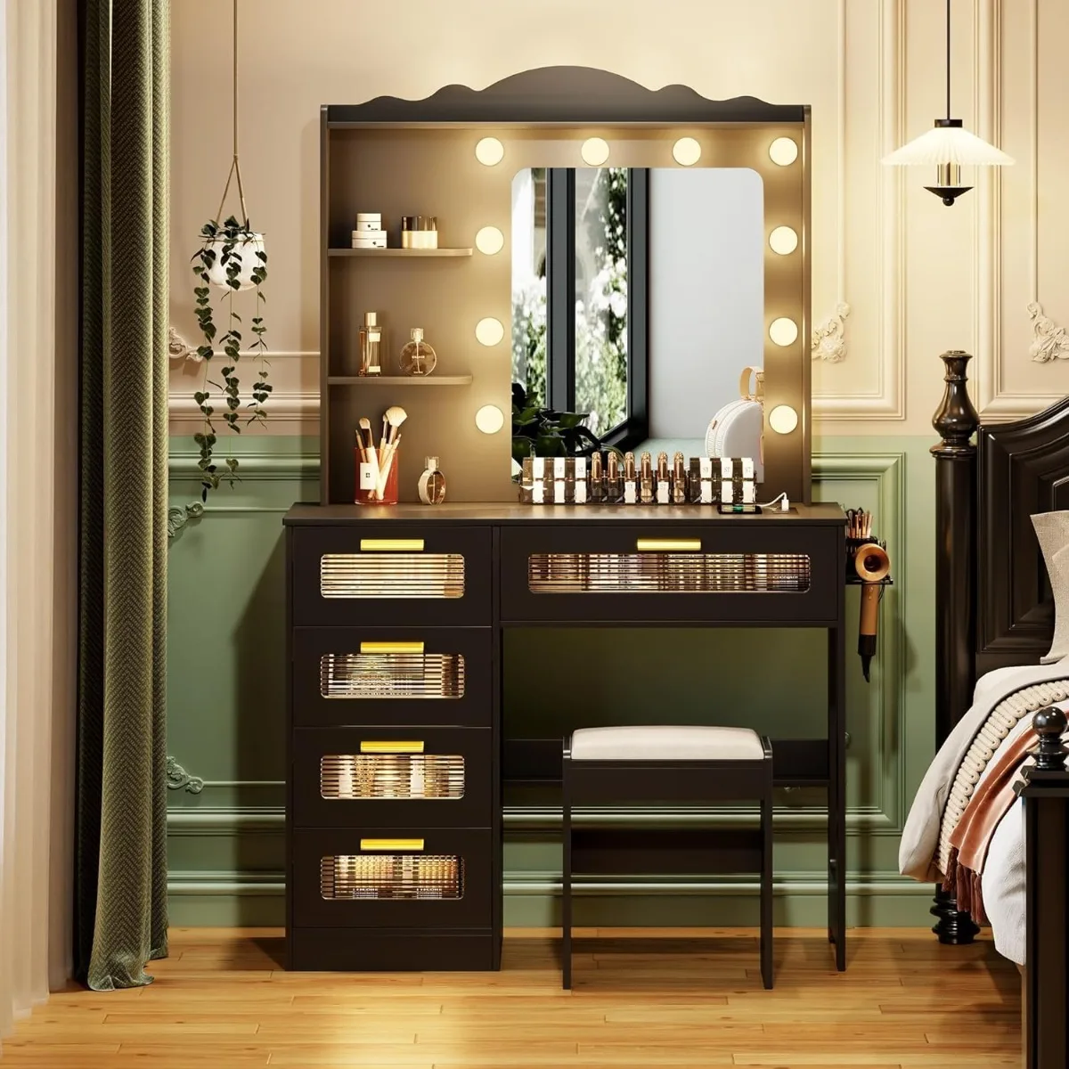 

Makeup Vanity Desk with Mirror and Lights,Vanity Table with 5 Drawers&2 Shelves,Vanity Set for Bedroom,Dressing Table