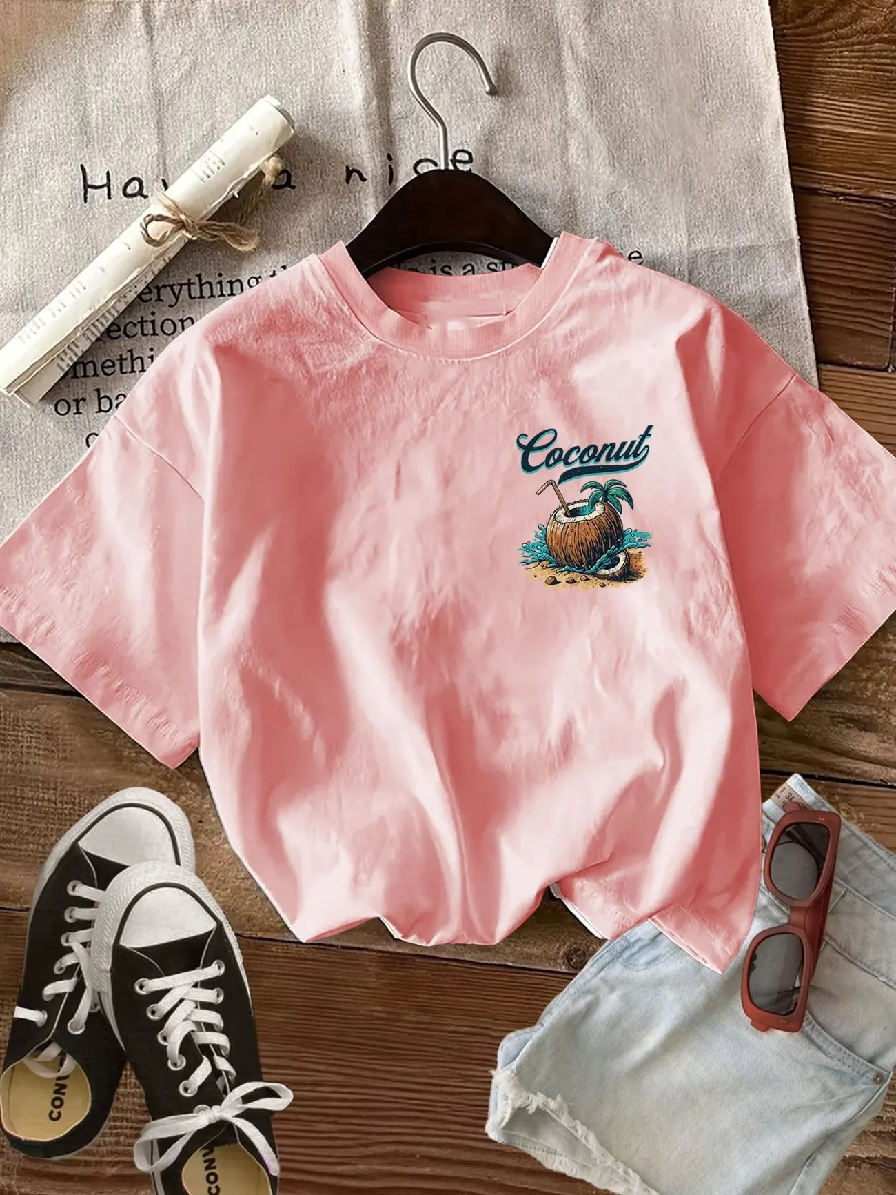 Vintage T-Shirt mit tropischem Kokosnussbaum-Motiv, Baumwolle, Sommer, Strandmode, Grafik-T-Shirt, Harajuku, ästhetische Kurzarm-Tops – Detail 3