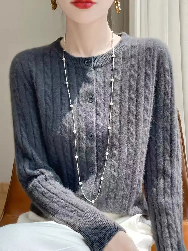 ay Knitted Embroidered round Ne Open Cardigan Outerwear Single Button Spring Autumn Sweater Top Simple Loose Sle Long S...