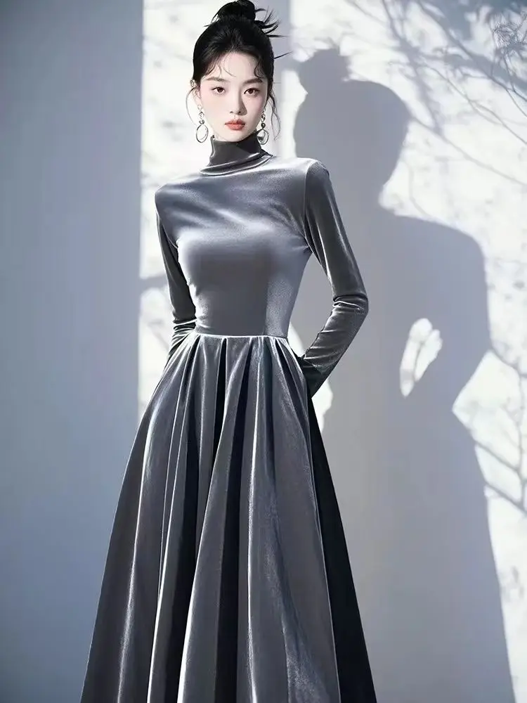 Vestido de terciopelo gris de cintura alta con cuello alto para mujer primavera otoño, vestidos largos elegantes de terciopelo de manga larga para mujer