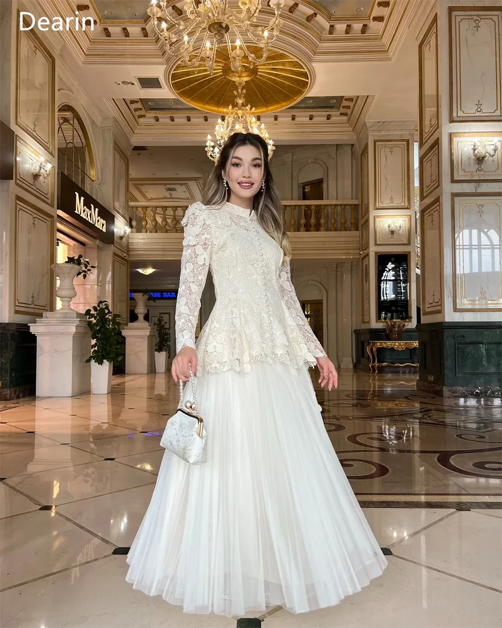 Customized Formal Gown Women Evening Dearin High Collar A-line Floor Length Skirts Layered Draped Tulle Lace Bespoke Occasion Dr