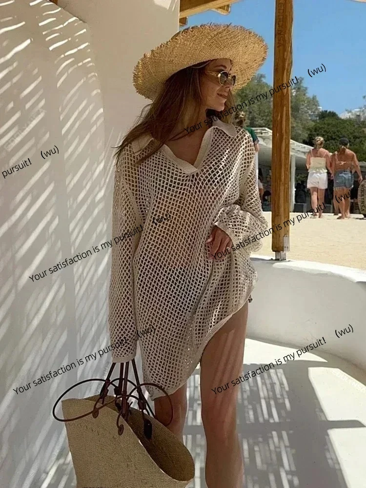 Mini abito da spiaggia in maglia tinta unita da donna, costume da bagno estivo sexy scollato a maniche lunghe, copricostume Boho Holiday, costumi da bagno larghi