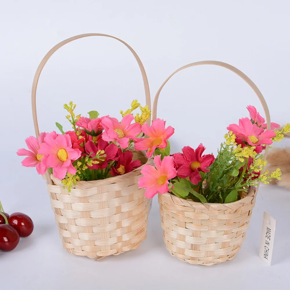 Handmade Storage Basket Kitchen Accessories Durable Rattan Fruit Basket Long Handle Multifunction Bamboo Flower Basket