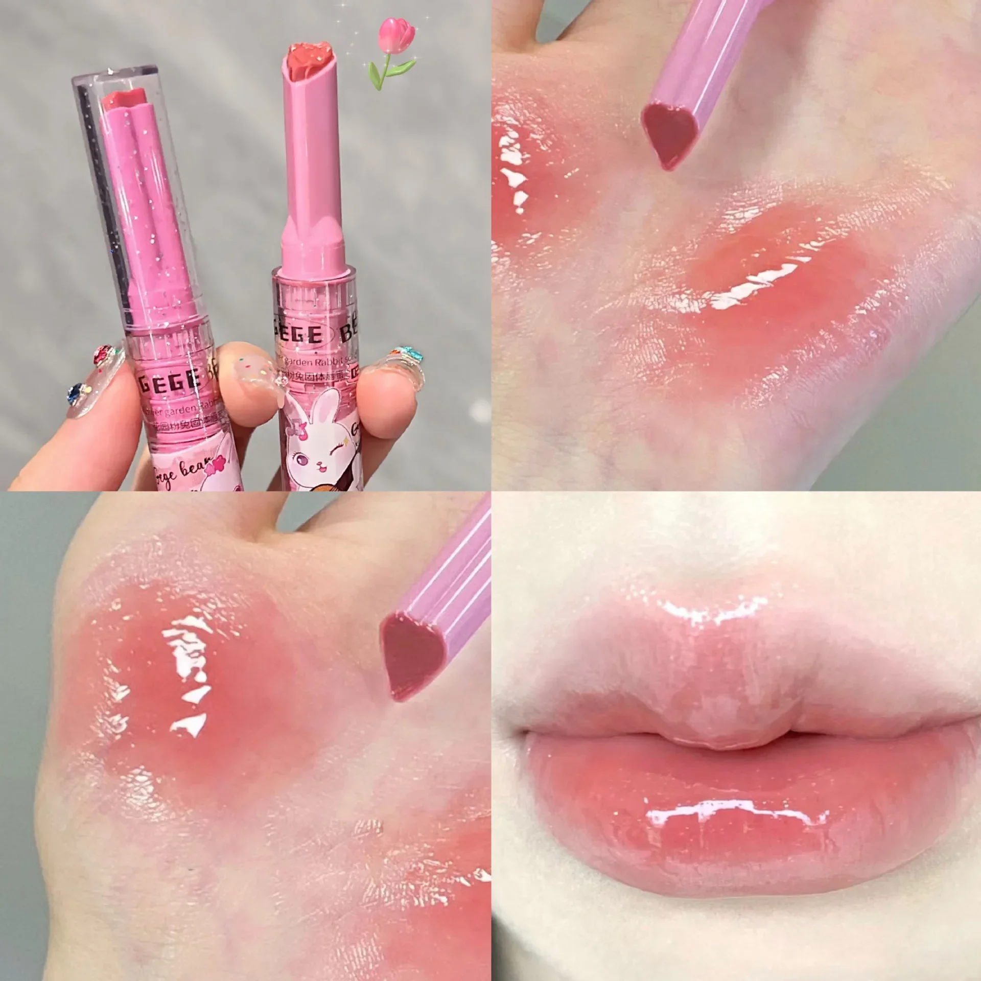 Gege Bear Garden bálsamo labial de color acuoso, bálsamo labial hidratante de larga duración y delicado, brillo de labios sólido de conejo rosa