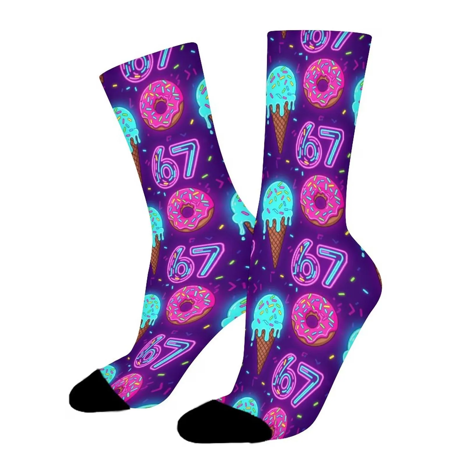 Neon Ice Cream Donut 67 Novelty Crew Socks for Men Women Casual Sports Socks