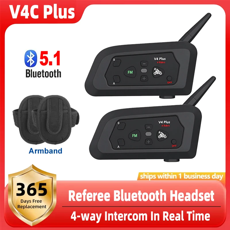 V4C Plus Football Referee Headset Bluetooth 5.1 Intercom Distance1500M With In-ear Right Headphone Armband Waterproof 850mAh