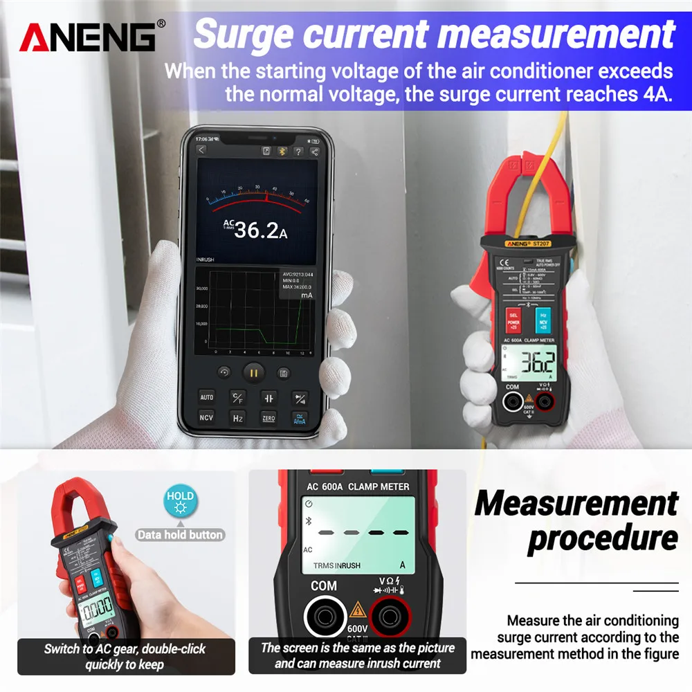 ANENG ST207 Digital Bluetooth Multimeter Clamp Meter 6000 Count True RMS AC Voltage Tester AC Current Hz Capacitance Ohm