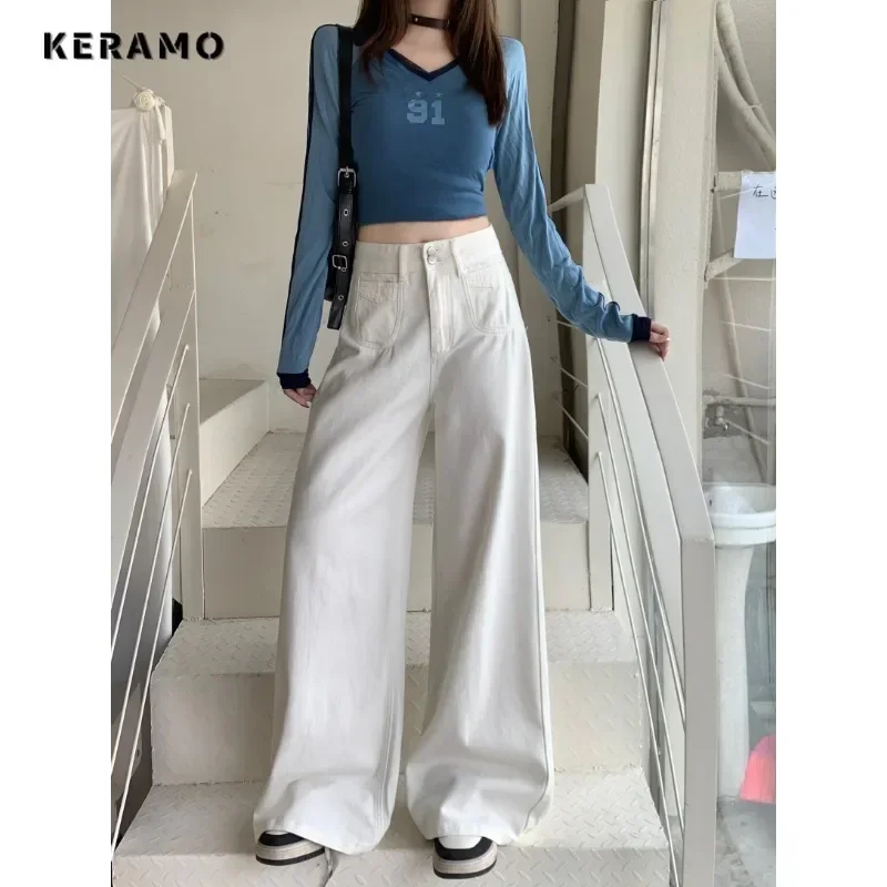 Women's Basics Baggy 2000s Denim Trouser Washed Vintage Casual Classic Emo Pure Pants High Street Retro Simple High Waist Jeans