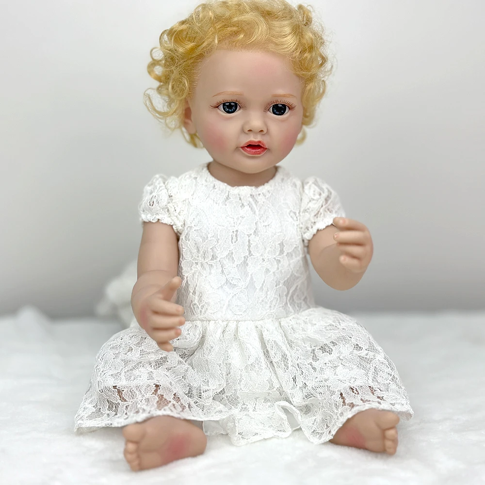 Muñeca Reborn de vinilo de 22", edición rara, pelo rubio rizado, vestido de princesa blanco, ojos azules, regalo de festival y juego de rol para niños