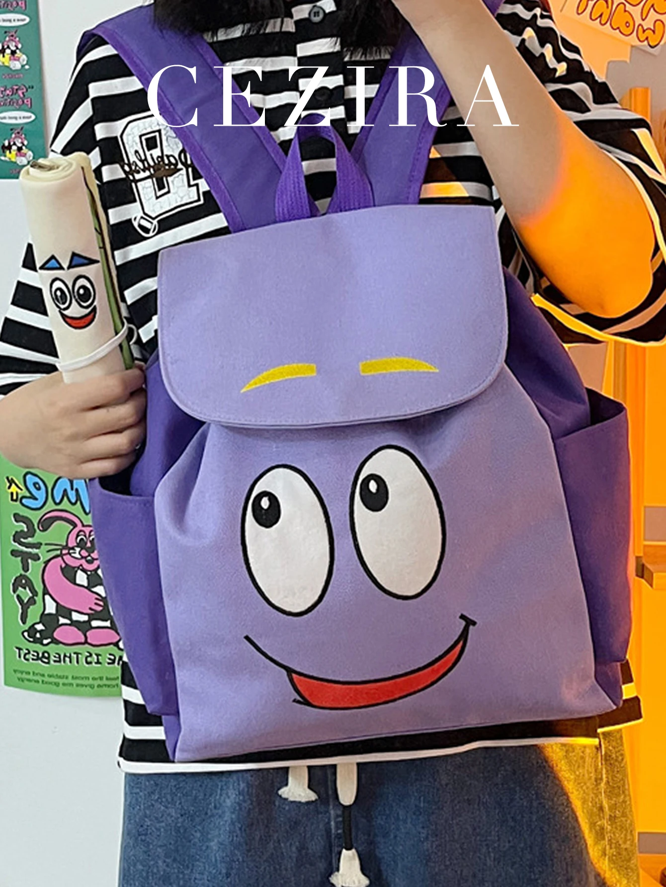 Kawaii لطيف على ظهره الكرتون ابتسامة الوجه غطاء رفرف كبير الرباط حقيبة الكنز خريطة البريدي قلم رصاص محفظة طالب دورا السفر