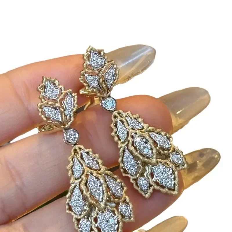 Vintage palace style rhombus crystal Drop earings leaf hollow out High quality exaggerated earrings for women wedding jewelry