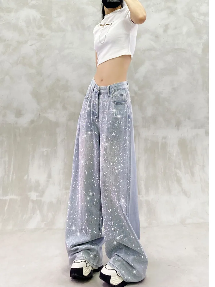 الرجعية الماس تصميم الجينز الساخن فتاة واسعة الساق عالية الخصر السراويل الطويلة الصيف أزياء جان كول لامعة حجر الراين ثنيات جينز غير رسمي #5