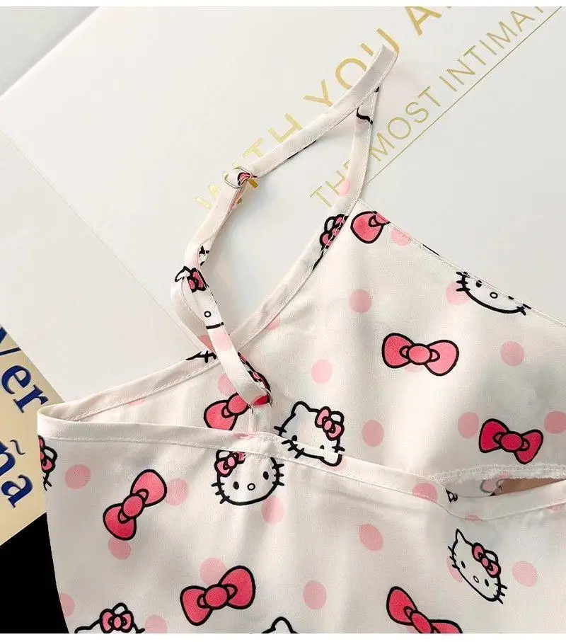 بيجامة نسائية صيفية من سانريو بحمالة هالو كيتي تنورة ليلية بدون أكمام تنورة ليلية مطبوعة برسوم كرتونية ملابس منزلية من الحرير الجليدي